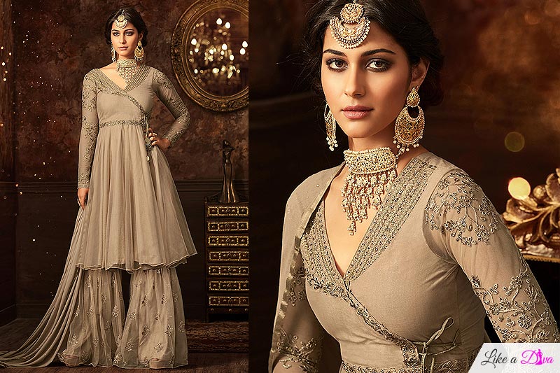 Embroidered Net Sharara/palazzo Suit In Nude Colour