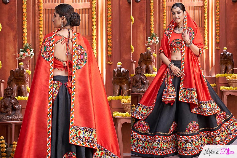 Black & Red Embellished Silk Lehenga Set With Potli Bag For Navratri