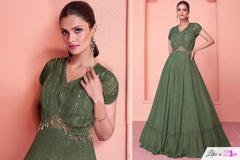 Forest Green Georgette Embroidered Evening Gown