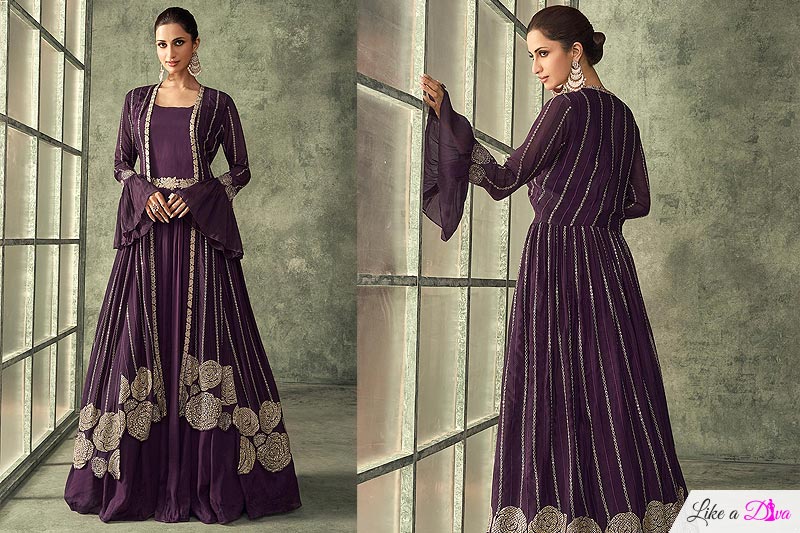 Plum Chinon Embroidered Anarkali Style Gown With Jacket