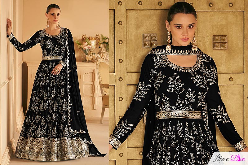 Black Georgette Embroidered Anarkali Dress With Dupatta & Belt