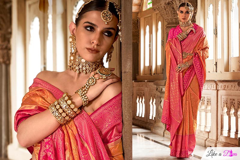 Orange & Pink Banarasi Silk Woven Saree
