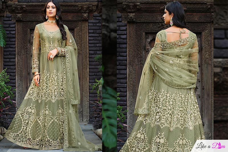 Olive Green Net Embroidered Anarkali Dress