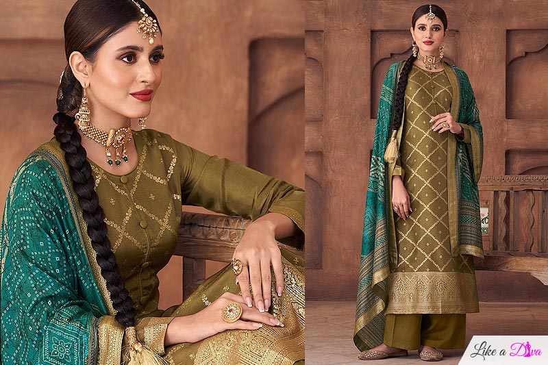 Olive Green Jacquard Silk Kurta Set With Bandhani Printed Dupatta