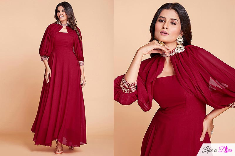 Ready To Wear Deep Red Georgette Designer Embroidered Dress