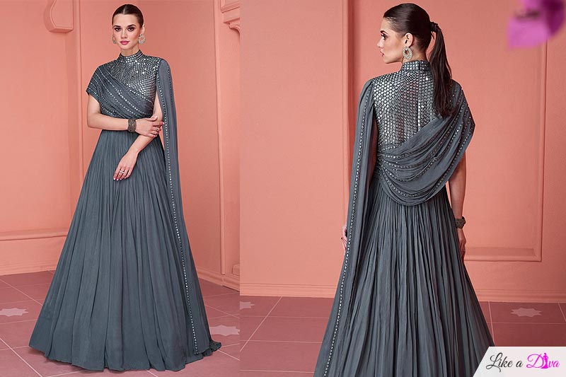 Blue Grey Georgette Embroidered Evening Gown