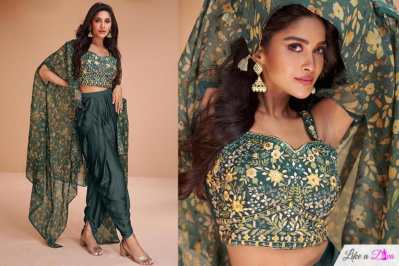 Ready To Wear Deep Teal Satin Silk Embroidered Top & Dhoti Pant Set With Organza Cape