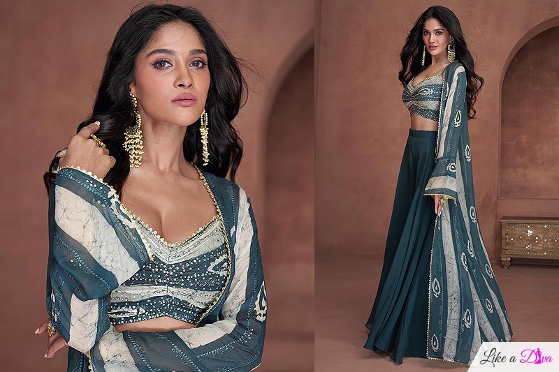 Teal Blue Georgette Indo-western 3 Piece Attire
