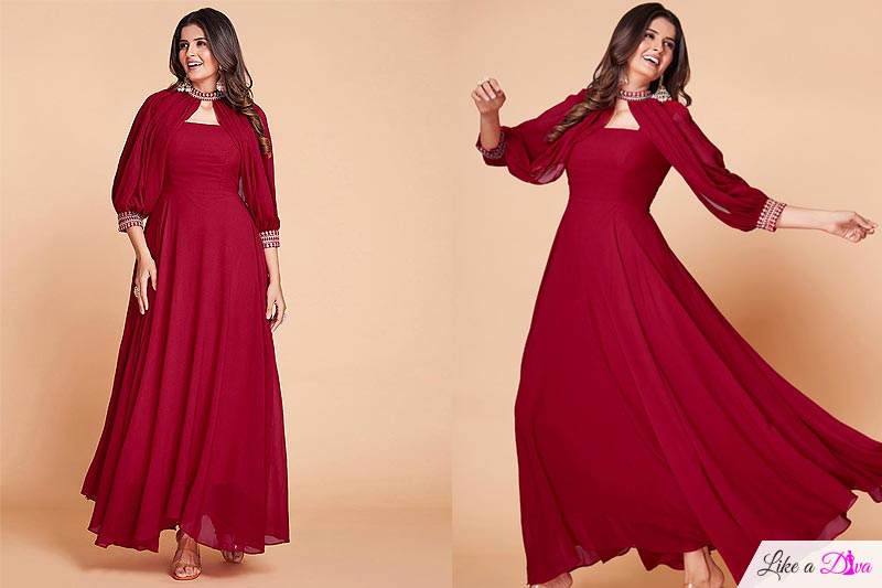 Ready To Wear Deep Red Georgette Designer Embroidered Dress