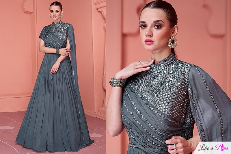 Blue Grey Georgette Embroidered Evening Gown