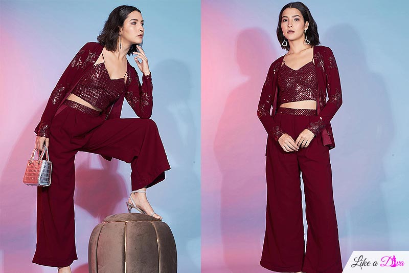 Ready To Wear Maroon Georgette Co-ord Set With Jacket