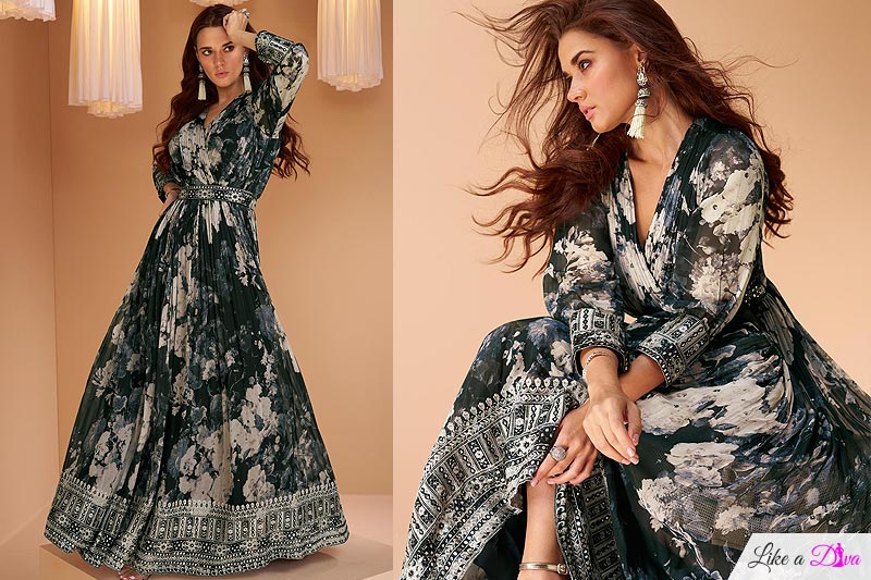 Multicolor Georgette Printed & Embroidered Anarkali Dress With Dupatta