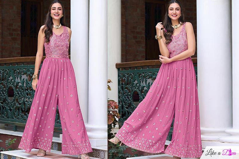 Ready To Wear Mauvey Pink Indo-western Georgette Jumpsuit