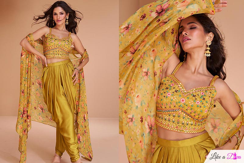 Ready To Wear Mustard Satin Silk Embroidered Top & Dhoti Pant Set With Organza Cape