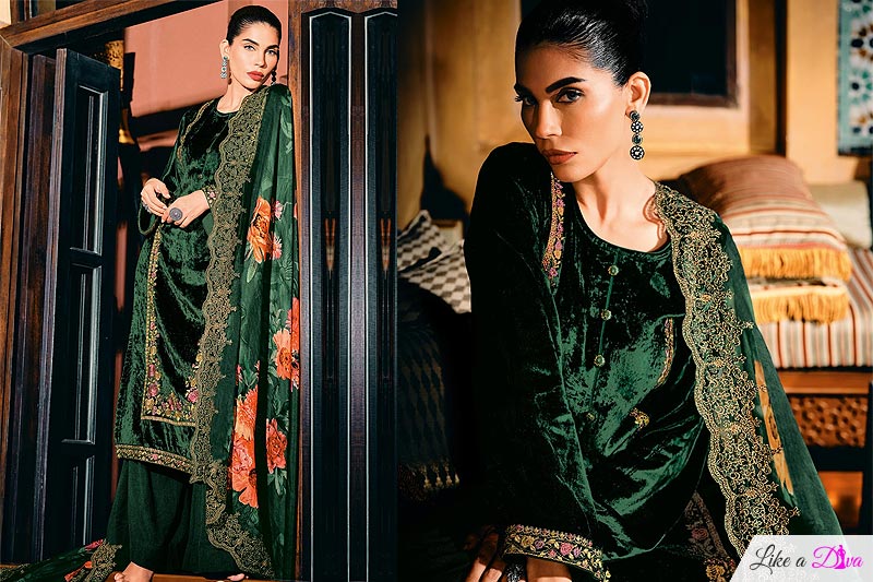 Bottle Green Velvet Embroidered Kurta Set With Organza Silk Dupatta & Pashmina Palazzo