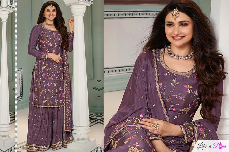 Purple Plum Chinon Silk Embroidered Kurta Sharara Set