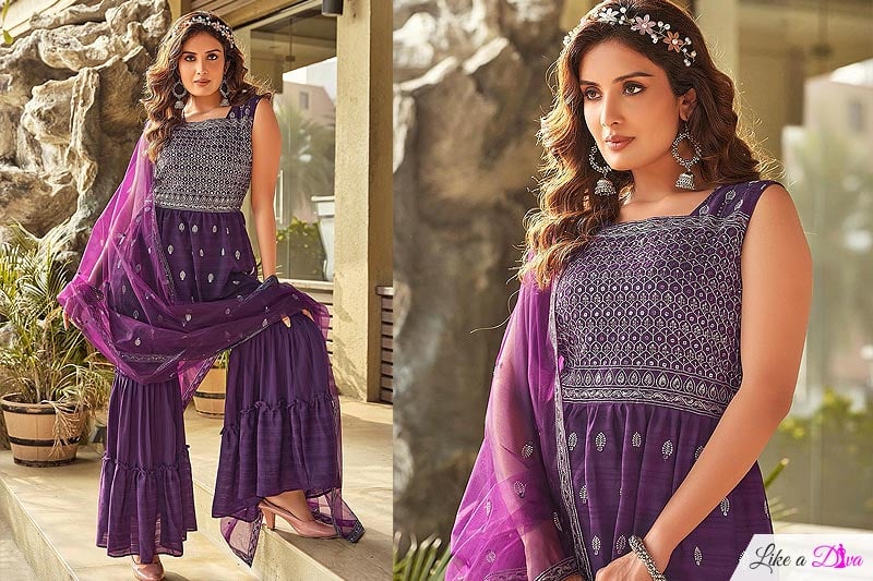 Ready To Wear Purple Silk Embroidered Peplum Style Sharara Set
