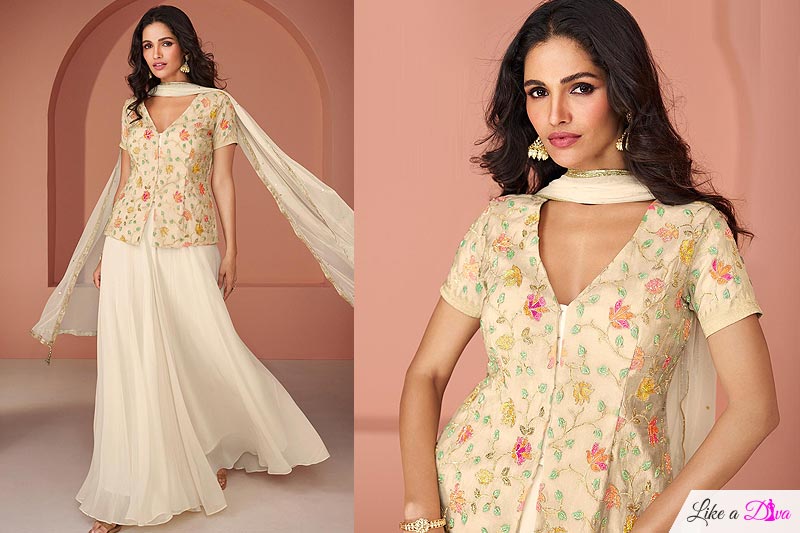 Ivory Georgette Embroidered Jacket Style Top With Palazzo & Dupatta
