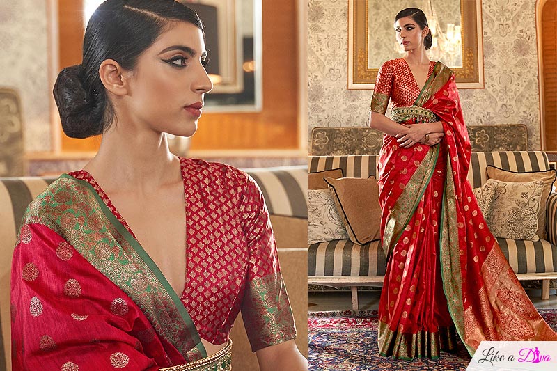Red Tussar Silk Weaved Saree