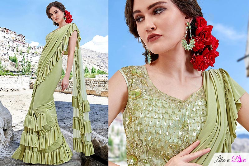 Pastel Green Ruffled Lycra Designer Saree