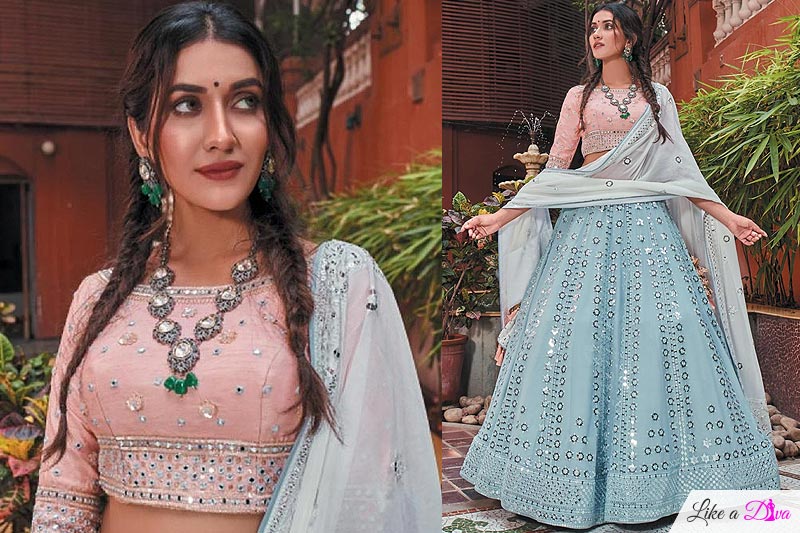Soft Blue & Peach Embellished Georgette Lehenga Set