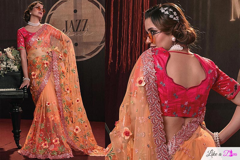 Orange Net 3d Flower Embellished & Embroidered Designer Saree