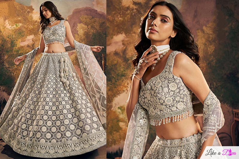 Ivory & Grey Net Embroidered Lehenga Set