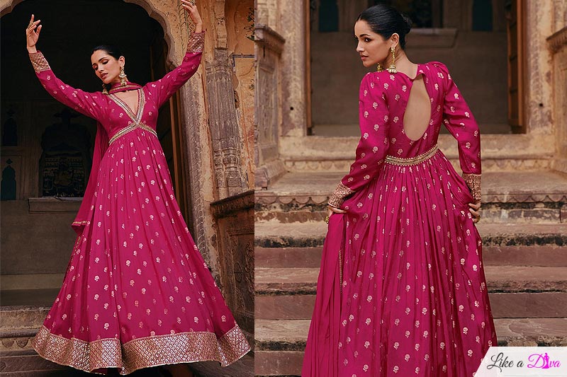 Deep Pink Jacquard Silk Embroidered Anarkali Suit With Dupatta