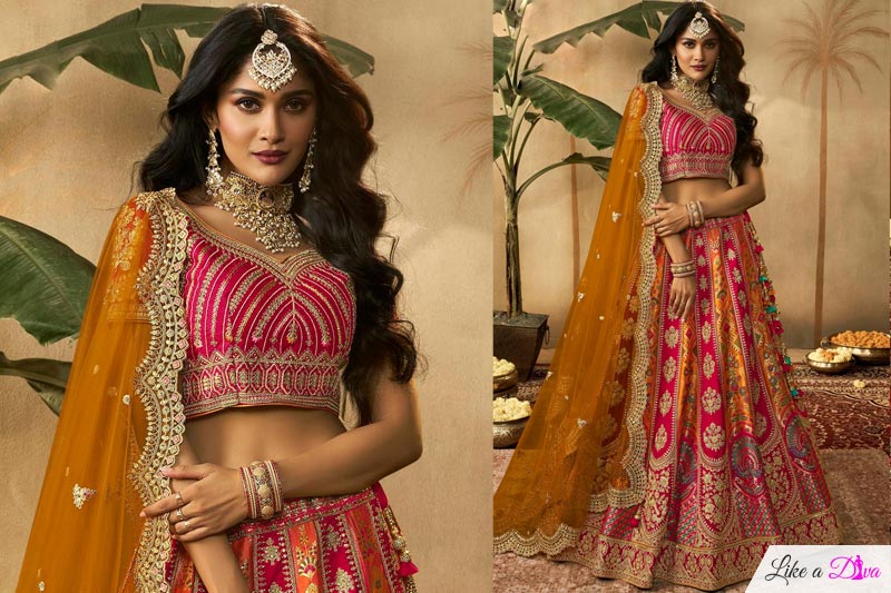 Mustard & Pink Banarasi Silk Embroidered Lehenga Set