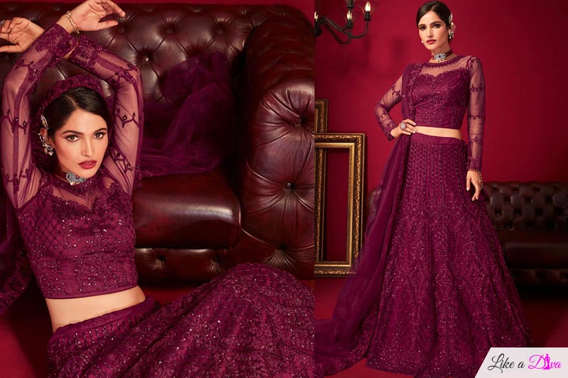 Wine Net Embroidered Lehenga Set