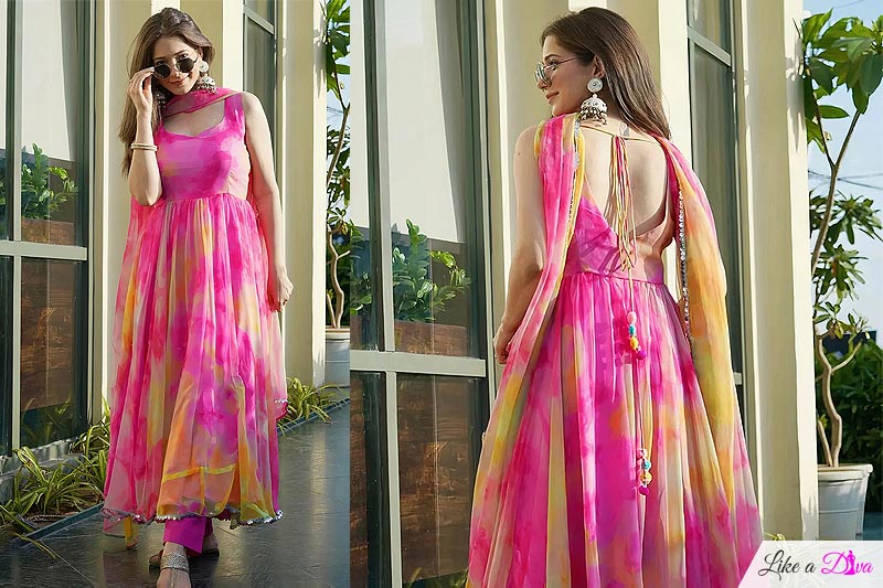 Ready To Wear Pink & Yellow Organza Silk Printed Anarkali Suit With Bottoms & Dupatta