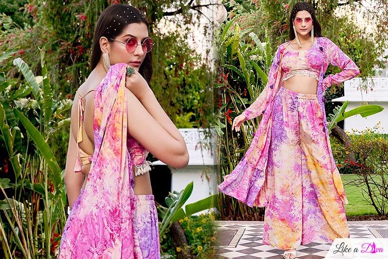 Ready To Wear Multicolor Marbel Print Silk 3 Piece Indo-western Attire