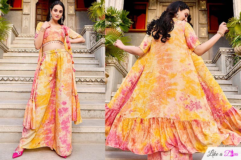 Ready To Wear Yellow & Pink Marbel Print Silk 3 Piece Indo-western Attire
