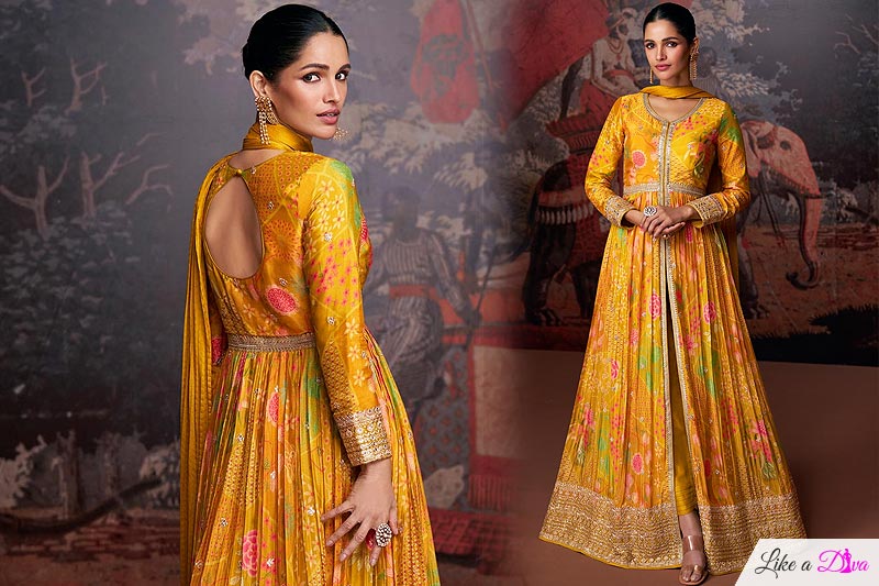 Bright Mustard Georgette Printed & Embroidered Front Slit Anarkali Dress