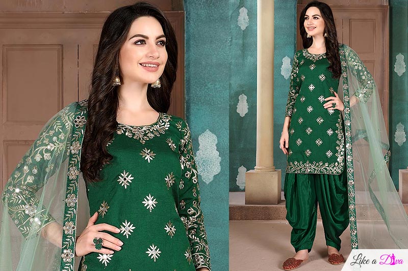 Dark Green Silk Embroidered Kurta Set With Patiala Salwar