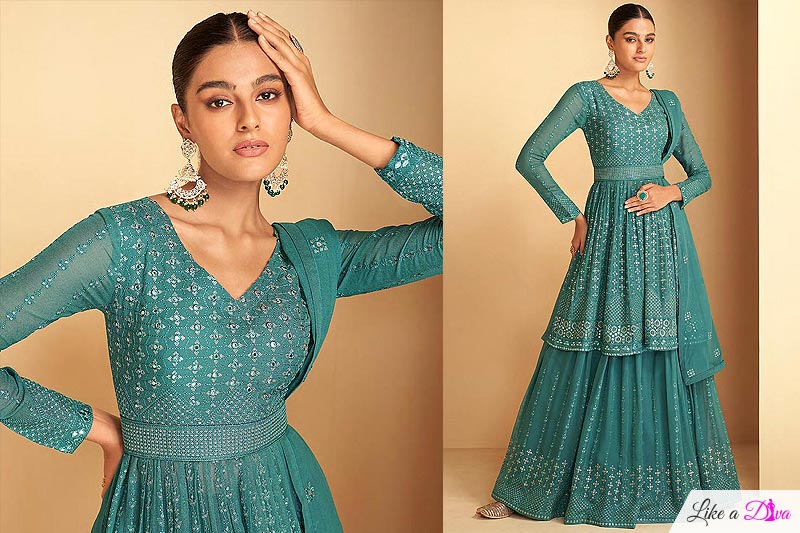 Ready To Wear Light Teal Green Embroidered Georgette Long Kurti Lehenga Set