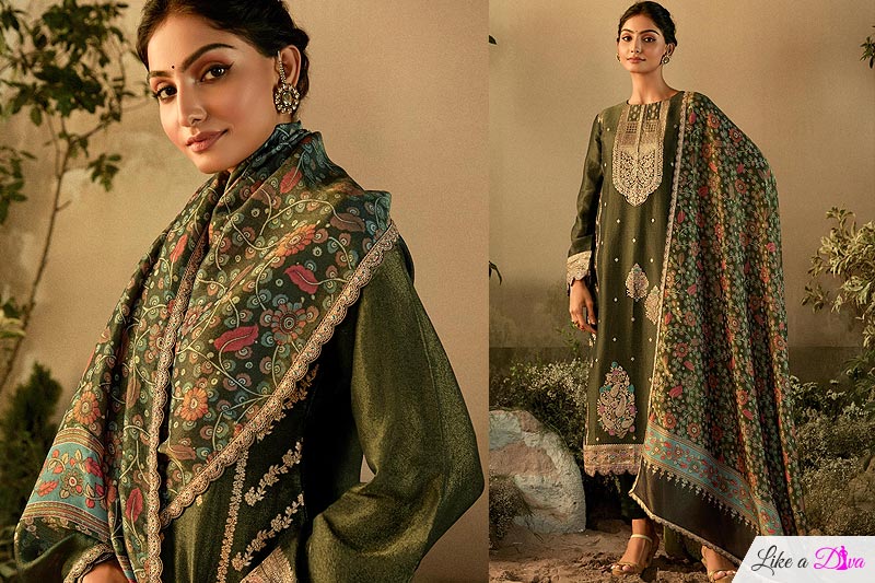 Forest Green Banarasi Silk Zari Weaved & Embroidered Kurta Set