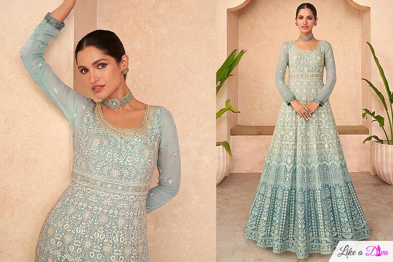Soft Blue Georgette Embroidered Anarkali Dress With Dupatta