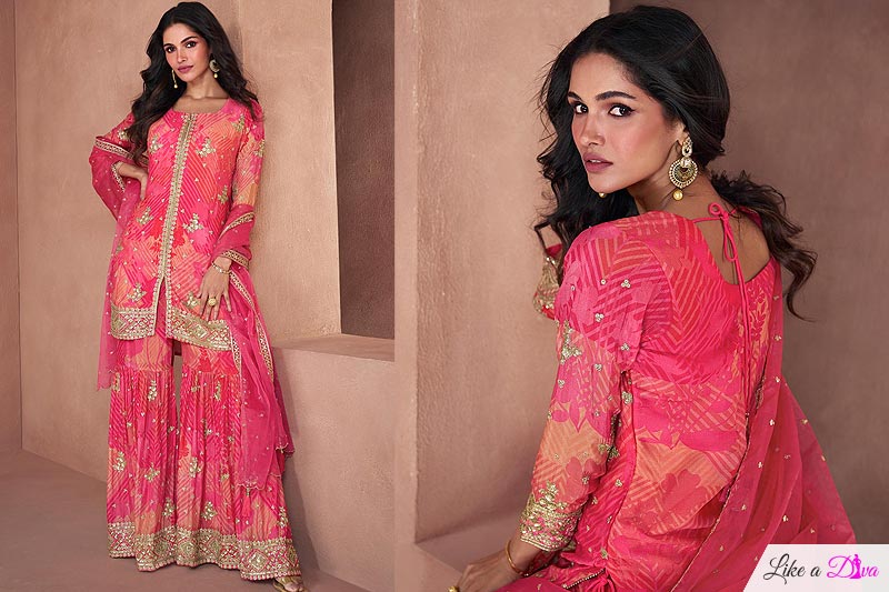 Coral & Pink Georgette Printed & Embroidered Kurta Set With Sharara