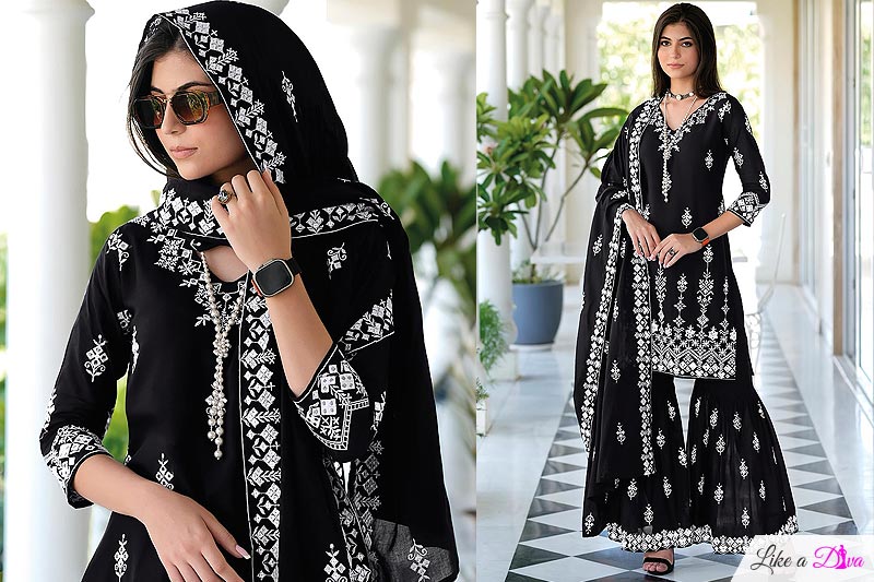 Ready To Wear Black Cotton Embroidered Sharara Set