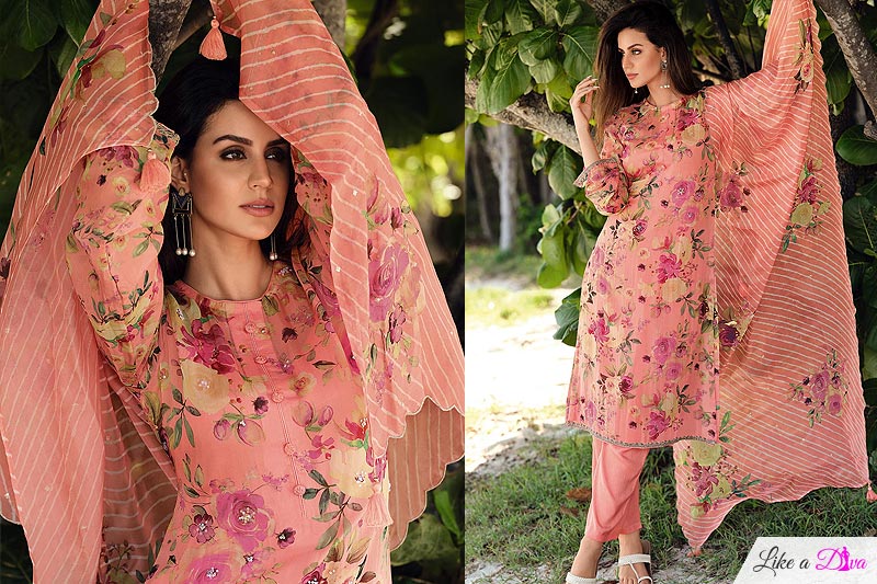 Peach Cotton Printed & Embroidered Kurta Set