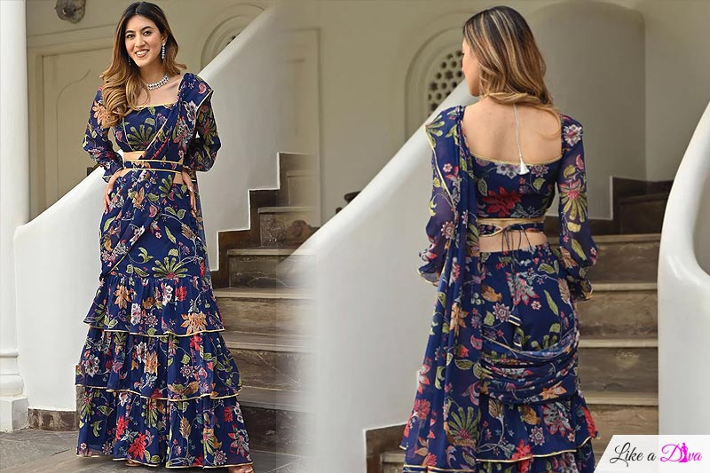 Pre-draped Quick Wear Navy Blue Layered Georgette Printed Saree With Belt