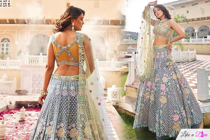 Grey & Lemon Yellow Net Embroidered Lehenga Set