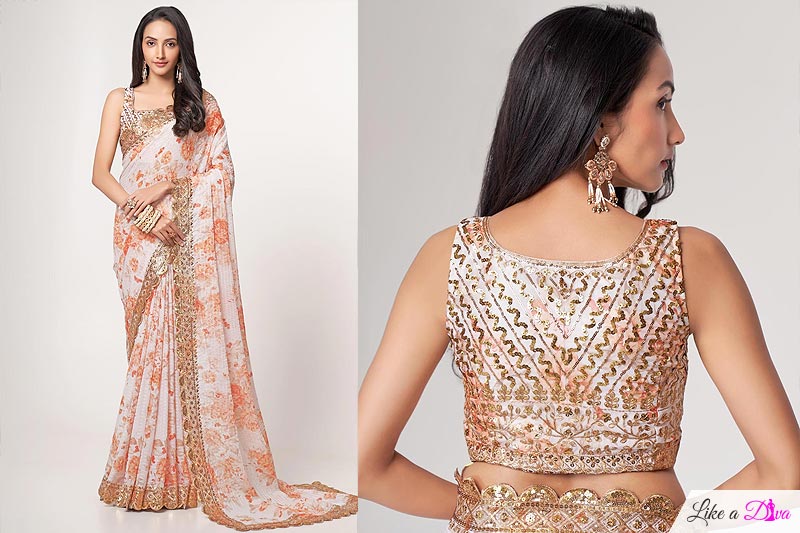 Ivory Printed & Embroidered Organza Silk Floral Saree