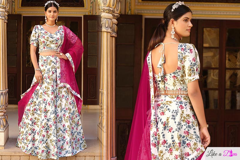 White Silk Floral Printed Lehenga Set