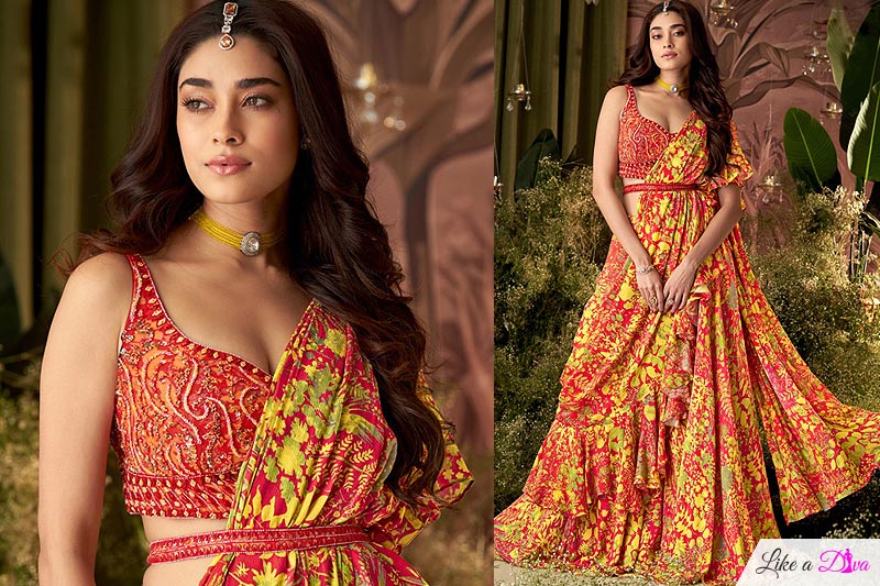 Yellow & Red Satin Silk Printed Saree Style Fusion Lehenga Set With Belt