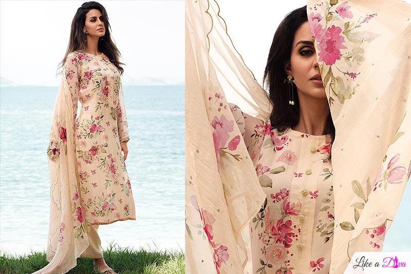 Ivory Cotton Printed & Embroidered Kurta Set