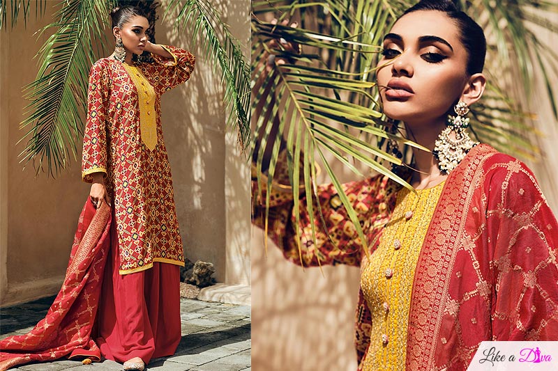 Red Silk Printed & Embroidered Kurta Set