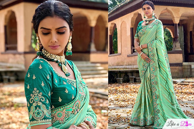 Mint Green Silk Embroidered Saree
