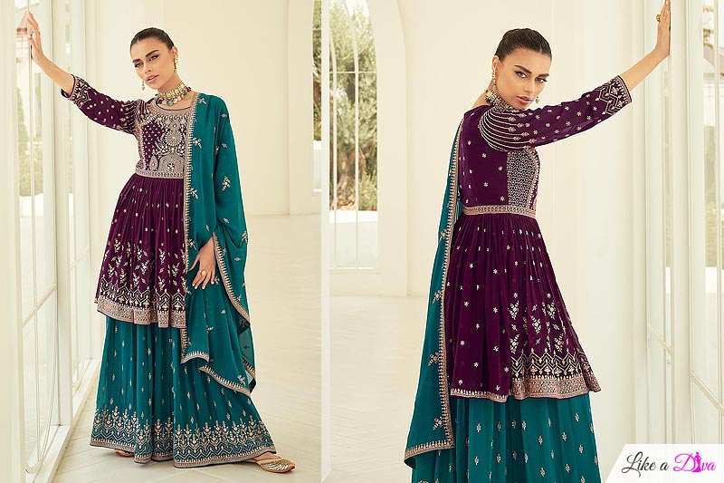 Plum & Teal Georgette Embroidered Peplum Kurta With Sharara